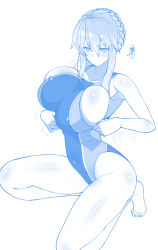 Rule 34 | 1girl, artoria pendragon (all), artoria pendragon (fate), artoria pendragon (lancer) (fate), artoria pendragon (swimsuit archer) (fate), artoria pendragon (swimsuit ruler) (fate), blue theme, braid, braided bun, breasts, bursting breasts, competition swimsuit, covered erect nipples, covering breasts, covering privates, fate/grand order, fate (series), hair bun, highleg, highleg swimsuit, highres, huge breasts, large breasts, monochrome, navel, one-piece swimsuit, saber (fate), saber (summer battle clothes) (fate), sanazura hiroyuki, simple background, solo, swimsuit, tagme, white background