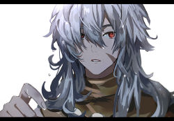 Rule 34 | 1boy, daenarys, dripping, genshin impact, grey background, grey hair, hair between eyes, letterboxed, long hair, male focus, parted lips, razor (genshin impact), red eyes, scar, scar on face, simple background, solo, upper body, wet, wet hair