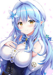Rule 34 | 1girl, ahoge, bare shoulders, beret, blue bow, blue flower, blue hair, blue jacket, bow, braid, breasts, brown eyes, center frills, cleavage, cleavage cutout, closed mouth, clothing cutout, commentary request, corset, flower, frills, fur-trimmed jacket, fur-trimmed sleeves, fur trim, hair between eyes, hair flower, hair ornament, half updo, hand up, hat, highres, hololive, jacket, kaie, large breasts, long hair, long sleeves, looking at viewer, multicolored hair, petals, plaid, plaid bow, pointy ears, shirt, sleeveless, sleeveless shirt, sleeves past wrists, smile, solo, streaked hair, upper body, virtual youtuber, white background, white flower, white hat, white shirt, wide sleeves, yukihana lamy