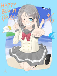 Rule 34 | 1girl, artist request, blue eyes, female focus, grey sailor collar, grey skirt, hat, jump, looking at viewer, love live!, love live! sunshine!!, miniskirt, neckerchief, one eye closed, pleated skirt, red neckerchief, sailor collar, school uniform, shirt, short hair, short sleeves, silver hair, skirt, smile, solo, standing, swept bangs, watanabe you, white shirt