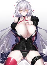 Rule 34 | 1girl, ahoge, bare shoulders, bikini, bikini under clothes, black bikini, black dress, black panties, blue coat, blush, breasts, center opening, cleavage, closed mouth, coat, collarbone, dress, fate/grand order, fate (series), full-length zipper, fur-trimmed coat, fur trim, gluteal fold, hand on own chest, highres, huge breasts, jeanne d&#039;arc alter (swimsuit berserker) (fate), jeanne d&#039;arc (fate), jeanne d&#039;arc alter (fate), jeanne d&#039;arc alter (swimsuit berserker) (fate), jeanne d&#039;arc alter (ver. shinjuku 1999) (fate), long hair, long sleeves, looking at viewer, o-ring, o-ring bikini, official alternate costume, open clothes, open coat, pale skin, panties, red thighhighs, short dress, silver hair, single thighhigh, sitting, swimsuit, thighhighs, thighs, underwear, very long hair, wariza, watosu, wicked dragon witch ver. shinjuku 1999, yellow eyes, zipper