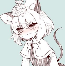 Rule 34 | 1girl, absurdres, animal ear fluff, animal ears, black dress, blush, bow, bowtie, capelet, closed mouth, commentary request, double-parted bangs, dress, highres, ice pack, kozakura (dictionary), long sleeves, medium hair, mouse ears, mouse tail, nazrin, nose blush, simple background, solo, sweat, tail, tearing up, thick eyebrows, touhou, upper body, wavy mouth