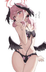 Rule 34 | 1girl, absurdres, bikini, black bikini, black bow, black wings, blue archive, bow, commentary, flat chest, front-tie bikini top, front-tie top, hair between eyes, hair bow, halo, head wings, higashiwun izumi, highres, koharu (blue archive), looking at viewer, low wings, medium hair, official alternate costume, pink eyes, pink hair, red halo, simple background, solo, swimsuit, thigh gap, translated, twintails, white background, wings