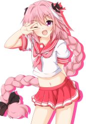 Rule 34 | 1boy, ;d, arm behind back, astolfo (fate), astolfo (sailor paladin) (fate), bow, braid, contrapposto, cowboy shot, crossdressing, fang, fate/apocrypha, fate/grand order, fate (series), hair bow, hair intakes, highres, long hair, looking at viewer, low-tied long hair, male focus, midriff, miniskirt, multicolored hair, navel, neckerchief, niku114514810, official alternate costume, one eye closed, open mouth, pink eyes, pink hair, pink skirt, pleated skirt, school uniform, serafuku, single braid, skirt, smile, solo, standing, streaked hair, trap, v, v over eye, very long hair, white hair