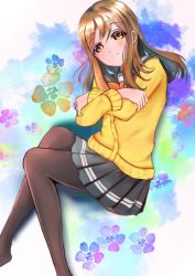 Rule 34 | 1girl, artist name, artist request, black pantyhose, blush, bow, bowtie, breasts, brown eyes, brown hair, buttons, cardigan, collarbone, crossed arms, eyebrows, female focus, floating hair, grey sailor collar, grey skirt, hair between eyes, highres, kunikida hanamaru, layered skirt, light brown hair, long hair, long sleeves, looking at viewer, love live!, love live! sunshine!!, miniskirt, no shoes, orange bow, pantyhose, parted lips, plaid, plaid skirt, pleated, pleated skirt, sailor collar, school uniform, skirt, sleeves past wrists, small breasts, smile, solo, sweater, uranohoshi school uniform, wavy hair, yellow cardigan, yellow eyes, yellow sweater