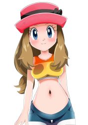 Rule 34 | 1girl, blonde hair, blue eyes, blush, breasts, closed mouth, creatures (company), denim, game freak, hainchu, hat, highres, jeans, long hair, looking at viewer, navel, nintendo, pants, pokemon, pokemon (anime), pokemon xy (anime), serena (pokemon), simple background, smile, solo, white background