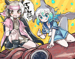 Rule 34 | 2girls, :p, absurdres, animal, animal ears, aqua eyes, aqua hair, ascot, bad id, bad pixiv id, bare arms, bear ears, bike shorts, bike shorts under skirt, black hair, blowhole, blue hair, brown eyes, cetacean tail, closed mouth, coat, common dolphin (kemono friends), dorsal fin, dress, dutch angle, ezo brown bear (kemono friends), fins, fish tail, frilled dress, frills, giant squid, green hair, grey hair, head fins, headband, highres, kanmoku-san, kemono friends, kemono friends 3, kneeling, leaning to the side, long hair, looking at another, medium hair, microskirt, multicolored hair, multiple girls, on one knee, open clothes, open coat, outstretched arm, sailor collar, shirt, short dress, short sleeves, skirt, smile, squid, sweat, tail, fish tail, tongue, tongue out, torn clothes, torn sleeves, twintails, twisted torso, very long hair, white hair