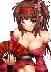Rule 34 | 1girl, bad id, bad pixiv id, bare shoulders, blastbeat, blush, breasts, brown eyes, brown hair, cleavage, flower, hair flower, hair ornament, hairband, hand fan, japanese clothes, long hair, looking at viewer, no bra, original, simple background, solo, white background
