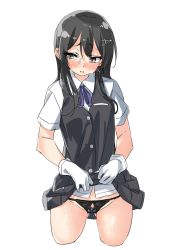 Rule 34 | 10s, 1girl, bad id, bad twitter id, black bow, black hair, black panties, black skirt, black vest, blush, bow, bow panties, breast pocket, buttons, clothes lift, collared shirt, cowboy shot, cropped legs, crotchless, crotchless panties, ebifurya, female pubic hair, gloves, gluteal fold, groin, hair between eyes, hair ornament, hairclip, highres, inactive account, kantai collection, lifted by self, long hair, looking away, looking to the side, neck ribbon, open mouth, oyashio (kancolle), panties, pleated skirt, pocket, pubic hair, purple ribbon, ribbon, shirt, short sleeves, sidelocks, simple background, skirt, skirt lift, sleeveless, solo, tears, underwear, vest, white background, white gloves, white shirt, yellow eyes