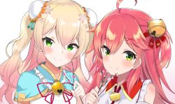 Rule 34 | 2girls, absurdres, ahoge, bell, blonde hair, blush, bun cover, closed mouth, commentary, detached sleeves, double bun, flower, gradient hair, green eyes, grin, hair bell, hair between eyes, hair bun, hair flower, hair ornament, highres, holding, hololive, long hair, looking at viewer, momosuzu nene, momosuzu nene (old design), multicolored hair, multiple girls, neck ribbon, pink hair, pink ribbon, portrait, ribbon, sakura miko, sakura miko (1st costume), satobitob, side-by-side, side ponytail, simple background, smile, twig, two-tone hair, two side up, virtual youtuber, white background, wing collar, x hair ornament