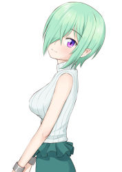 Rule 34 | 1girl, breasts, closed mouth, cowboy shot, druj (jahy), easy (aqk7bdqt), frills, from side, green hair, green skirt, grey sweater, hair over one eye, jahy-sama wa kujikenai!, looking at viewer, medium breasts, pointy ears, purple eyes, ribbed sweater, short hair, simple background, skirt, sleeveless, sleeveless sweater, solo, sweater, tight clothes, tsurime, turtleneck, turtleneck sweater, white background, wristband