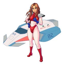 Rule 34 | 1girl, armor, bodysuit, boots, breasts, brown eyes, brown hair, curvy, f-zero, gloves, hand on own hip, highres, jody summer, large breasts, long hair, nintendo, one eye closed, rudy mora, shoulder armor, smile, thick thighs, thighs, vehicle, white cat (f-zero), wide hips, wink