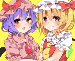 Rule 34 | 2girls, ascot, bad id, bad twitter id, black wings, blonde hair, blush, bow, brooch, closed mouth, commentary request, fang, flandre scarlet, hair between eyes, hat, hat bow, jewelry, karasusou nano, looking at viewer, mob cap, multiple girls, open mouth, pink eyes, pink hat, purple hair, red bow, remilia scarlet, short hair, short sleeves, side ponytail, simple background, smile, sparkling eyes, touhou, upper body, white hat, wings, yellow background