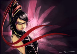 Rule 34 | 1girl, backless outfit, bayonetta, bayonetta (series), black bodysuit, black hair, bodysuit, breasts, chain, glasses, hair ribbon, lips, long hair, looking at viewer, looking back, medium breasts, necrothesin, red lips, red ribbon, ribbon, signature, solo, strap, witch