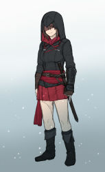 Rule 34 | 10s, 1girl, adapted costume, assassin&#039;s creed (series), belt, black footwear, black jacket, boots, brown eyes, brown hair, concealed weapon, dress shirt, fingerless gloves, full body, gauntlets, girls und panzer, gloves, gradient background, grey background, hidden blade (assassin&#039;s creed), jacket, long sleeves, matching hair/eyes, military, military uniform, miniskirt, nishizumi maho, pleated skirt, red shirt, red skirt, serious, shirt, short hair, sketch, skirt, snow, solo, standing, sword, torinone, uniform, weapon