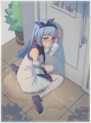 Rule 34 | 1girl, bare shoulders, between legs, blue eyes, blue hair, blue hairband, blunt bangs, blush, border, breasts, breath, chromatic aberration, closed mouth, detached sleeves, dress, ear blush, english text, female focus, from above, from behind, full body, hairband, hand between legs, hand up, highres, indoors, long hair, looking at viewer, magician (ice lightning), maplestory, matching hair/eyes, nose blush, pee, peeing, peeing self, plant, potted plant, puddle, purple footwear, rune (dualhart), shoes, sidelocks, sign, sitting, sleeveless, sleeveless dress, small breasts, solo, split mouth, sweat, tape, tears, thighhighs, tile floor, tiles, wariza, wet, wet clothes, white border, white dress, white sleeves, white thighhighs, wide sleeves