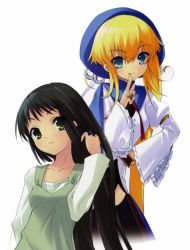 Rule 34 | 00s, 2girls, adjusting hair, armband, beret, black hair, blonde hair, blue eyes, cape, finger to mouth, flat chest, frills, frown, green eyes, hand on own hip, hat, ito noizi, jewelry, long hair, multiple girls, nanatsuiro drops, official art, ponytail, prima aspallas, ribbon, ring, side ponytail, simple background, smile, turtleneck, very long hair, yaeno nadeshiko