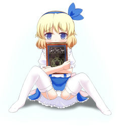 Rule 34 | 1girl, alice margatroid, alice margatroid (pc-98), blonde hair, blue eyes, book, hugging book, dress, female focus, garter straps, hair ribbon, hairband, holding, holding book, magic circle, mystic square, hugging object, ogi (oginagirest), oginagirest, panties, ribbon, short hair, sitting, solo, spread legs, thighhighs, touhou, touhou (pc-98), underwear, white panties, white thighhighs