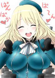 Rule 34 | 10s, 1girl, atago (kancolle), black gloves, blonde hair, blue hat, blush, breasts, gloves, hat, heart, kantai collection, large breasts, long hair, military, nekota susumu, open mouth, pan-pa-ka-paaan!, personification, smile, solo, translated, uniform
