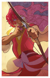 Rule 34 | 1girl, akatsuki no yona, archery, arrow (projectile), artist name, border, bow, bow (weapon), closed mouth, commentary, cowboy shot, crying, crying with eyes open, drawing bow, dress, earrings, english commentary, expressionless, flower, furrowed brow, hair flower, hair lift, hair ornament, holding, holding arrow, holding bow (weapon), holding weapon, incoming attack, japanese clothes, jewelry, long hair, long sleeves, pink hair, pink lips, pink vest, purple background, purple bow, purple eyes, purple flower, simple background, single earring, sleeveless, sleeveless jacket, solo, split theme, tassel, tassel earrings, tears, thick eyebrows, two-tone background, vest, waist bow, weapon, white border, white dress, white sleeves, wide sleeves, wind, wind lift, yellow background, yona (akatsuki no yona), yutaan