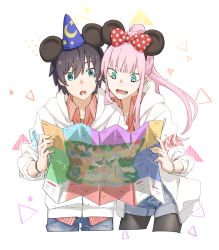 Rule 34 | 10s, 1boy, 1girl, animal ears, black hair, black pantyhose, blue eyes, blue hat, blue shorts, bow, bowtie, bracelet, collared shirt, commentary request, cosplay, couple, darling in the franxx, denim, denim shorts, fake animal ears, fang, green eyes, hair ornament, hat, hetero, high ponytail, highres, hiro (darling in the franxx), holding, holding map, jacket, jewelry, leje39, long hair, map, mickey mouse, mickey mouse (cosplay), mouse ears, open clothes, open jacket, open mouth, pantyhose, pink hair, ponytail, reading, red shirt, shirt, short hair, shorts, sleeves rolled up, striped clothes, striped shirt, white jacket, wing collar, zero two (darling in the franxx)
