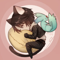 Rule 34 | 1boy, animal, animal ears, belt, black belt, black footwear, black gloves, black jacket, black pants, brown background, brown hair, carbuncle (final fantasy), cat boy, cat ears, cat tail, chibi, closed eyes, commentary request, cropped jacket, dated, final fantasy, final fantasy viii, forehead jewel, full body, fur trim, gem, gloves, hiryuu (kana h), hugging object, jacket, long sleeves, lowres, lying, male focus, on side, open clothes, open jacket, pants, pillow, pillow hug, red gemstone, scar, scar on face, shirt, short hair, signature, simple background, sleeping, squall leonhart, tail, white shirt