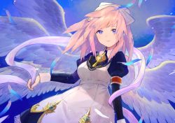Rule 34 | 1girl, angel, angel wings, black dress, black neckwear, blue eyes, blue feathers, breasts, closed mouth, collared dress, commentary request, dress, feathered wings, feathers, female focus, gabriel (granblue fantasy), granblue fantasy, hagoromo, holding, juliet sleeves, karamomo, long hair, long sleeves, medium breasts, multiple wings, pink hair, puffy sleeves, shawl, smile, solo, white wings, wings