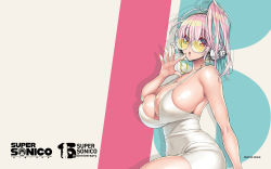 Rule 34 | 1girl, anniversary, bare shoulders, breasts, covered erect nipples, dress, earrings, headphones, highres, hoop earrings, huge breasts, jewelry, nail polish, nitroplus, official art, official wallpaper, open mouth, pink hair, side ponytail, sideboob, solo, spaghetti strap, sunglasses, super sonico, tsuji santa
