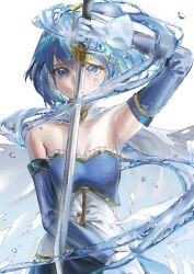 Rule 34 | 1girl, absurdres, arm up, armpits, bare shoulders, blue eyes, blue hair, blue skirt, bodice, cape, chousile683, covered mouth, covering own mouth, cowboy shot, detached sleeves, fortissimo, frills, gloves, hair ornament, highres, holding, holding sword, holding weapon, hydrokinesis, looking at viewer, magical girl, mahou shoujo madoka magica, mahou shoujo madoka magica (anime), miki sayaka, musical note, musical note hair ornament, short hair, simple background, skirt, solo, standing, straight-on, sword, torn cape, torn clothes, water, water drop, weapon, white background, white cape, white gloves