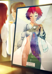 Rule 34 | 10s, 1boy, 1girl, aged up, amputee, armless amputee, blurry, breasts, closed eyes, depth of field, double amputee, english text, good end, highres, katawa shoujo, mike inel, nakai hisao, official art, painting (object), red hair, revealing layer, short hair, small breasts, solo focus, tezuka rin, thigh gap, underboob
