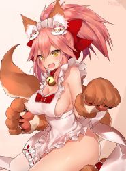 Rule 34 | &gt;:d, 1girl, :d, animal ears, animal hands, apron, artist name, bare shoulders, bell, blush, bow, breasts, bridal garter, brown gloves, cat hair ornament, cleavage, collar, fangs, fate/grand order, fate (series), fox ears, fox tail, frilled apron, frills, gloves, gradient background, hair ornament, hair ribbon, highres, jingle bell, kneeling, large breasts, long hair, looking at viewer, maid headdress, naked apron, neck bell, open mouth, paw gloves, pink background, pink hair, ponytail, red bow, ribbon, seiza, sideboob, sidelocks, signature, sitting, smile, solo, tail, tamamo (fate), tamamo cat (fate), tamamo cat (third ascension) (fate), tamamo no mae (fate/extra), thighs, tsurime, v-shaped eyebrows, white apron, yaman (yamanta lov), yellow eyes