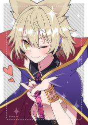 Rule 34 | 1girl, ;), absurdres, belt, black belt, black sailor collar, blonde hair, blush, breasts, cape, commentary request, earmuffs, fang, fingernails, gold bracelet, gold trim, hair between eyes, hand on own hip, highres, light smile, looking at viewer, neck ribbon, one eye closed, outside border, pointy hair, purple ribbon, ribbon, sailor collar, shirt, short hair, skin fang, sleeveless, sleeveless shirt, small breasts, smile, solo, standing, striped, striped background, touhou, toyosatomimi no miko, twitter username, two-sided cape, two-sided fabric, yoriteruru
