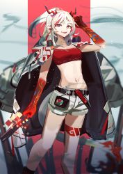 Rule 34 | 1girl, absurdres, arknights, arm tattoo, belt, black belt, colored skin, ear piercing, feet, highres, jacket, jacket on shoulders, leg tattoo, looking at viewer, midriff, multicolored hair, navel, nian (arknights), omochi kueru, open clothes, open jacket, parted lips, piercing, pointy ears, ponytail, purple eyes, red hair, red skin, red tube top, shorts, solo, strapless, streaked hair, tattoo, tube top, white hair, white jacket, white shorts