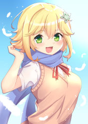 Rule 34 | 1girl, :d, absurdres, ao (flowerclasse), blonde hair, blue scarf, blush, breasts, commentary request, feathers, gabriel dropout, green eyes, hair between eyes, hand up, highres, looking at viewer, medium breasts, neck ribbon, open mouth, red ribbon, ribbon, scarf, school uniform, shirt, short sleeves, smile, solo, sweater vest, tapris chisaki sugarbell, upper body, white feathers, white shirt