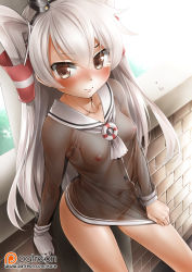 Rule 34 | 10s, 1girl, amatsukaze (kancolle), arm at side, black hat, blush, breasts, brown eyes, buttons, choker, closed mouth, clothes tug, collarbone, contrapposto, covered erect nipples, covered navel, cowboy shot, day, dress, dress tug, gloves, grey hair, hair between eyes, hair tubes, hat, kantai collection, kore (korewa13th), leaning back, legs apart, long hair, long sleeves, looking at viewer, mini hat, neckerchief, nipples, no bra, no panties, outdoors, patreon logo, patreon username, sailor collar, sailor dress, see-through, shirt tug, short dress, single glove, small breasts, solo, standing, thigh strap, two side up, watermark, web address, white gloves, white neckerchief, white sailor collar