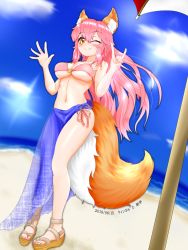 Rule 34 | 1girl, animal ear fluff, animal ears, beach, bikini, blue sky, blush, breasts, cleavage, closed mouth, commentary, commentary request, day, fate/extra, fate (series), fox ears, fox girl, fox shadow puppet, fox tail, hat, large breasts, long hair, looking at viewer, nail polish, navel, o-ring, o-ring bikini, o-ring top, ocean, one eye closed, outdoors, pink bikini, pink hair, sarong, side-tie bikini bottom, sky, solo, sun hat, swimsuit, tail, tamamo (fate), water, winsankemonodou, yellow eyes