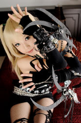 Rule 34 | 1girl, amane misa, amane misa (cosplay), asian, bed, blade, blonde hair, blue eyes, boots, breasts, color contacts, cosplay, death note, elbow gloves, fingerless gloves, fishnet pantyhose, fishnet thighhighs, fishnets, gloves, indoors, kipi-san, long hair, looking at viewer, miniskirt, mole, pantyhose, photo (medium), sitting, skirt, small breasts, solo, thighhighs, torn clothes, two side up