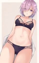 Rule 34 | 1girl, black panties, blouse, breasts, cleavage, cowboy shot, eyes visible through hair, fate/grand order, fate (series), hair over one eye, highres, mash kyrielight, outside border, panties, shirt, simple background, solo, standing, tagme, underwear, white shirt, yuzuzukushi