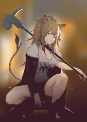 Rule 34 | 1girl, animal ears, arknights, black choker, black jacket, blurry, blurry background, breasts, brown eyes, candy, choker, cleavage, commentary, eyelashes, food, full body, fur-trimmed jacket, fur trim, hammer, highres, holding, holding candy, holding food, holding lollipop, holding weapon, jacket, light brown hair, lion ears, lion tail, lollipop, long hair, looking at viewer, medium breasts, open clothes, open jacket, ponytail, short shorts, shorts, siege (arknights), sledgehammer, solo, squatting, tail, tail ornament, tail ring, tank top, thighs, weapon, white tank top, zanyak