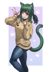 Rule 34 | 1girl, absurdres, animal ear fluff, animal ears, blue legwear, border, brown hoodie, casual, cat ears, cat girl, cat tail, commentary, denim, feet out of frame, fingernails, gemi ningen, green hair, grin, highres, hood, hoodie, jeans, junguji (rimworld), long fingernails, long sleeves, looking at viewer, medium hair, nail polish, pants, paw pose, paw print, ponytail, red eyes, red nails, rimworld, sharp teeth, smile, solo, standing, standing on one leg, tail, teeth, thighs, tight clothes, tight pants, v, white border