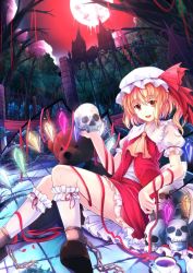 Rule 34 | 1girl, :d, ankle cuffs, ascot, blonde hair, cross, cup, fence, flandre scarlet, full moon, hat, hat ribbon, jianren, looking at viewer, moon, multicolored wings, open mouth, outdoors, plant, red eyes, red moon, ribbon, scarlet devil mansion, short hair, side ponytail, sitting, skull, smile, solo, stuffed animal, stuffed toy, teacup, teddy bear, thorns, touhou, tree, vines, wings