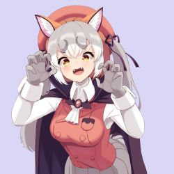 Rule 34 | 1girl, animal ears, beret, brooch, buttons, cape, claw pose, double-breasted, fangs, fox ears, fox girl, gloves, grey background, grey gloves, grey hair, halloween costume, hat, highres, island fox (kemono friends), jewelry, kemono friends, kemono friends v project, multicolored hair, open mouth, orange hair, pleated skirt, sawara noa, short hair with long locks, simple background, skirt, solo, twintails, two-tone hair, upper body, v-shaped eyebrows, vampire costume, vest, virtual youtuber, yellow eyes