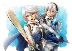 Rule 34 | 1boy, 1girl, armor, blue background, cape, corrin (female) (fire emblem), corrin (fire emblem), corrin (male) (fire emblem), corrin (male) (fire emblem), fighting stance, fire emblem, fire emblem fates, gloves, hairband, long hair, looking at another, nintendo, open mouth, pointy ears, red eyes, sayoyonsayoyo, short hair, silver hair, sword, weapon, wing collar