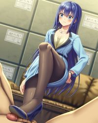 Rule 34 | 1boy, 1girl, asisuki, black pantyhose, blue eyes, blue footwear, blue hair, blue jacket, blue skirt, blush, breasts, business suit, censored, closed mouth, clothed female nude male, collarbone, commentary, commission, couch, earrings, engage kiss, footjob, formal, full body, hand on own hip, hetero, high heels, highres, jacket, jewelry, long hair, long sleeves, looking at another, looking down, medium breasts, mosaic censoring, necklace, nude, ogata shuu, pantyhose, pencil skirt, penis, pixiv commission, shirt, shoejob, simple background, skirt, standing, standing on one leg, standing on person, suit, thighs, watch, wristwatch, yellow shirt, yuugiri ayano
