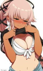 Rule 34 | 1girl, bikini, black shirt, blush, breasts, cleavage, closed mouth, clothes lift, hair flaps, half-closed eyes, highres, kantai collection, laco soregashi, lifted by self, long hair, medium breasts, navel, nose blush, pink hair, sarong, shirt, shirt lift, short sleeves, simple background, solo, swimsuit, tan, tanline, twitter username, upper body, very long hair, white background, white bikini, yellow eyes, yura (kancolle)