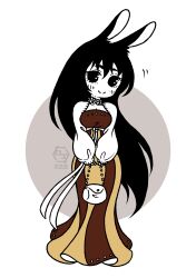 Rule 34 | 1girl, absurdres, alternate costume, animal ears, black eyes, black hair, blush, breasts, chibi, chinese clothes, closed mouth, colored skin, dress, fatrabbitr, flat color, full body, hanfu, highres, holding, jewelry, long hair, long sleeves, looking at viewer, qixiong ruqun, rabbit ears, rabbit girl, rwby, signature, simple background, smile, solo, standing, velvet scarlatina, very long hair, white background