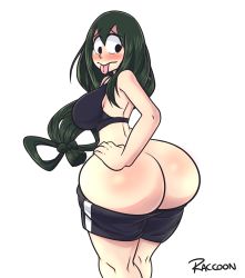 Rule 34 | 1girl, ass, asui tsuyu, blush, boku no hero academia, breasts, clothes pull, frog girl, green hair, hand on own ass, hand on own hip, highres, huge ass, large breasts, long hair, shorts, shorts pull, solo, sports bra, the raccoon, tongue, tongue out, white background
