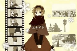 Rule 34 | 1boy, 1girl, anzu (o6v6o), capelet, coat, commentary request, crying, film strip, flower, frown, gumi, hair flower, hair ornament, hairband, holding hands, head out of frame, hetero, lamppost, long sleeves, looking at viewer, plaid, plaid scarf, scarf, short hair with long locks, skirt, smile, snowflakes, song name, tree, vocaloid, winter, winter clothes, yellow background