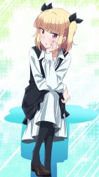 Rule 34 | 1girl, black legwear, black ribbon, blonde hair, brown footwear, collarbone, crossed legs, dress, full body, hair ribbon, head rest, head tilt, iijima yun, invisible chair, loafers, long dress, looking at viewer, makicha (sasurainopink), new game!, open mouth, red eyes, ribbon, shoes, sitting, solo, twintails, two side up, white dress