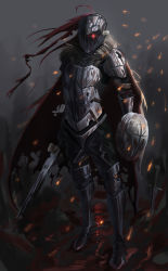 Rule 34 | 1boy, alternate costume, armor, breastplate, buckler, cape, chipped sword, commentary, embers, english commentary, fantasy, full armor, full body, fur-trimmed cape, fur trim, gauntlets, glowing, glowing eye, goblin slayer, goblin slayer!, greaves, helmet, highres, holding, holding sword, holding weapon, knight, male focus, miamuly, red eyes, shield, solo, standing, sword, torn cape, torn clothes, weapon